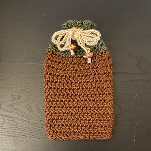 Handmade Crochet Drawstring Pouch - Brown with Green Top and Cream Ties